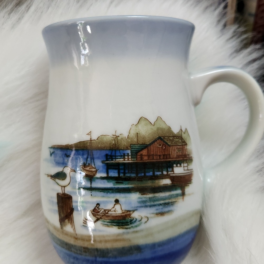 Otagiri Japan‎ Hand Crafted Nautical Harbor Scene Ceramic Coffee Mug Blue Ombre